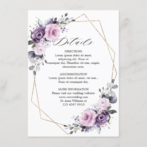 Dusty Purple Blooms Geometric Wedding Details Enclosure Card