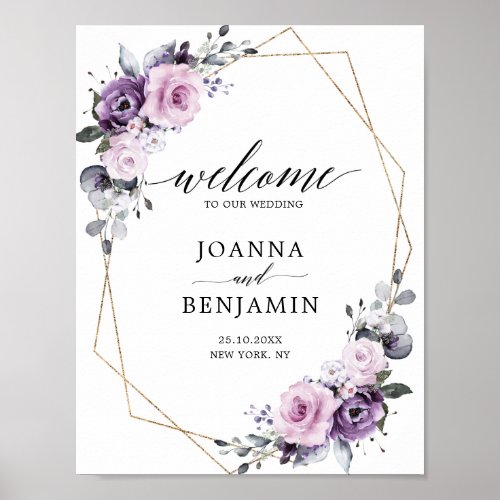Dusty Purple Blooms Geometric Wedding Welcome Poster