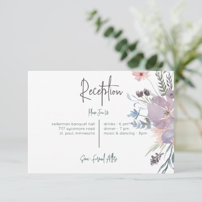Dusty Purple & Blue Boho Floral Reception Wedding Enclosure Card (Standing Front)