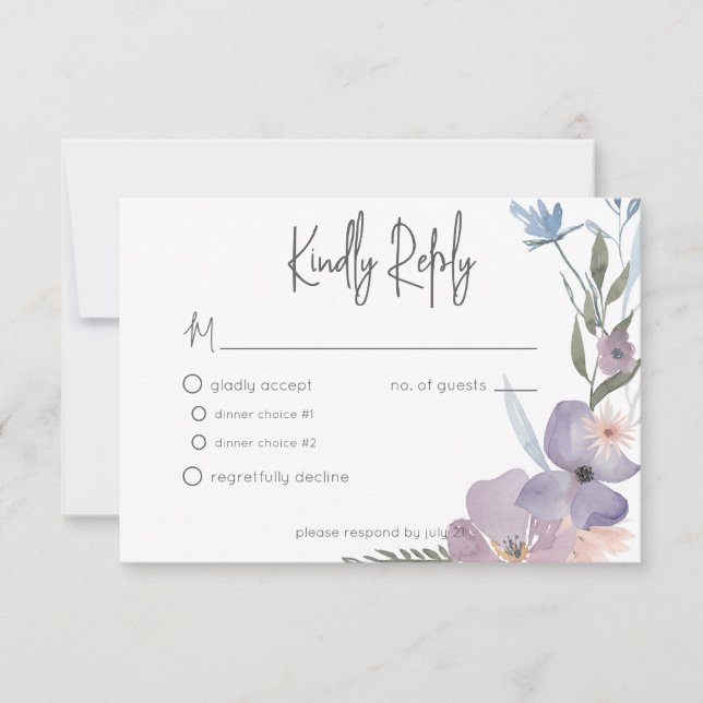 Dusty Purple & Blue Boho Floral Wedding RSVP Card (Front)