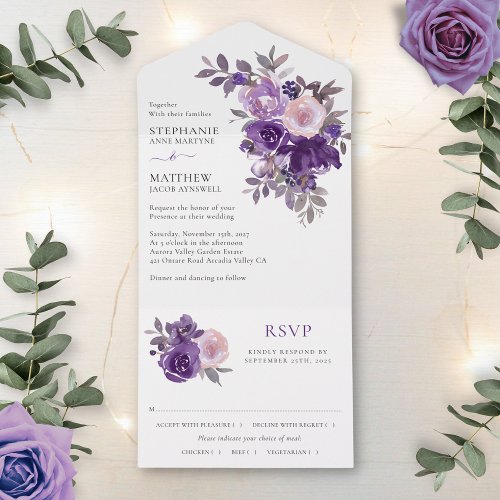 Dusty Purple Blush Floral Wedding All In One Invitation