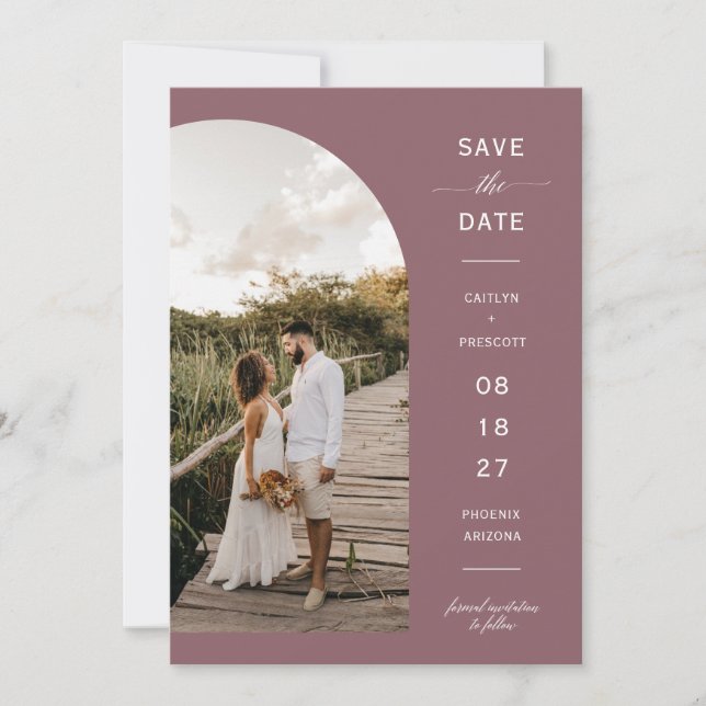 Dusty Purple Boho Arch Photo QR Code Save the Date Invitation (Front)
