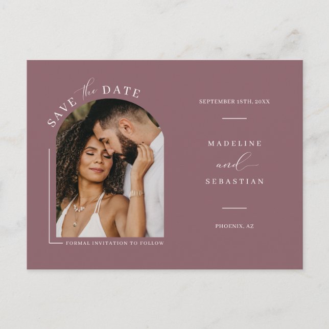 Dusty Purple Boho Arch Photo QR Code Save the Date Postcard (Front)