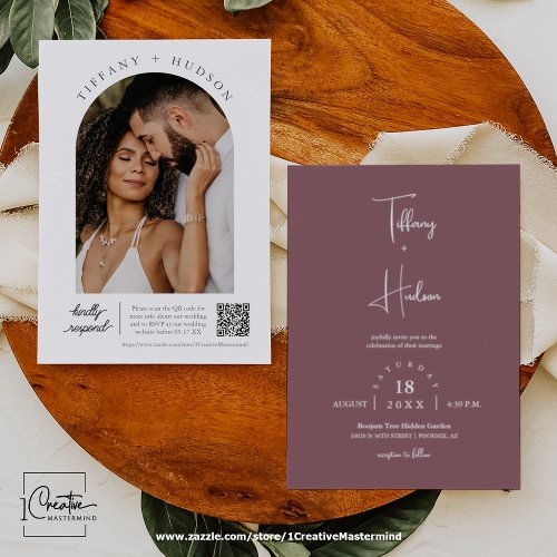 Dusty Purple Boho Wedding Arch Photo QR Code  Invitation