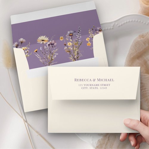 Dusty Purple Boho Wildflower Cream Wedding Envelope