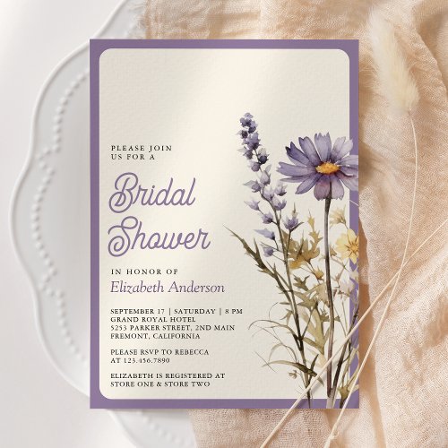 Dusty Purple Boho Wildflower Photo Bridal Shower Invitation