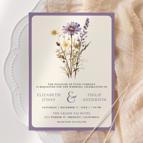 Dusty Purple Boho Wildflower Photo QR Code Wedding Invitation