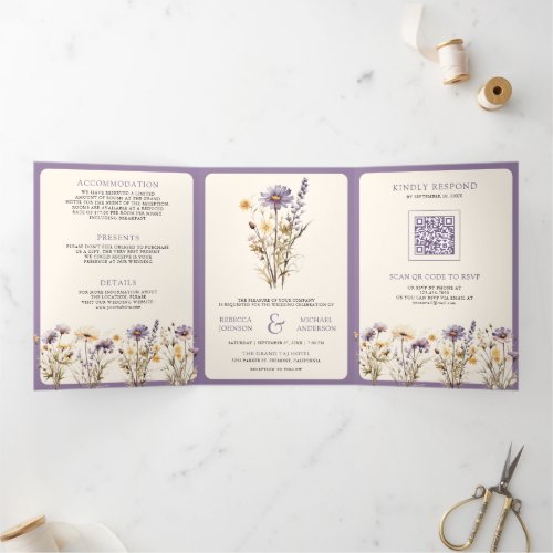Dusty Purple Boho Wildflower Photo QR Code Wedding Tri_Fold Invitation
