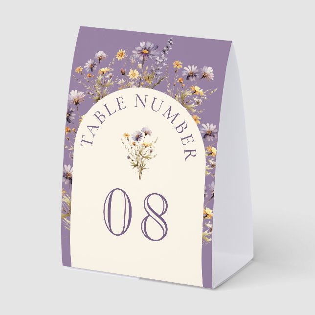 Dusty Purple Boho Wildflower Wedding Table Number Paper Table Tent (Front)
