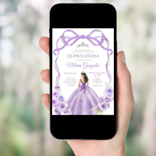 Dusty Purple Bow Princess Silver Crown Quinceañera Invitation (Front Digital)