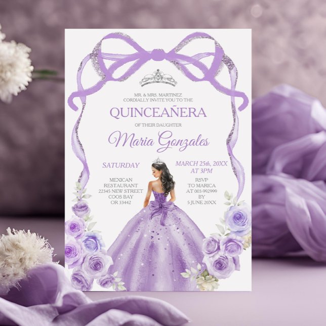 Dusty Purple Bow Princess Silver Crown Quinceañera Invitation (Creator Uploaded)