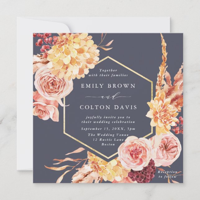 Dusty Purple Burgundy Terracotta Floral Wedding Invitation (Front)
