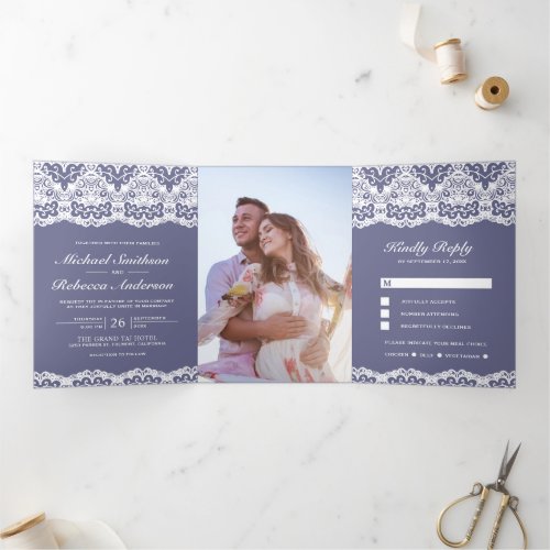 Dusty Purple Country White Lace All in One Wedding Tri_Fold Invitation