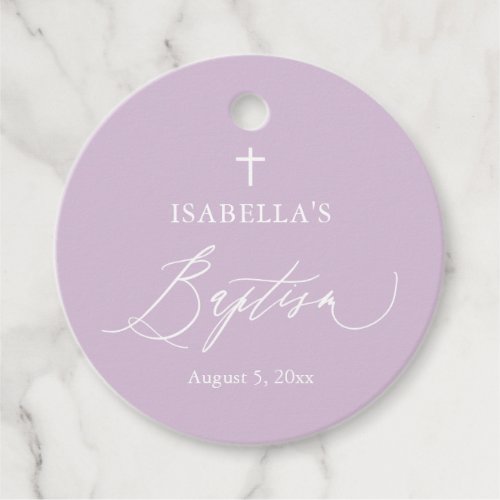 Dusty Purple Cross Girl Baptism Round Favor Tags