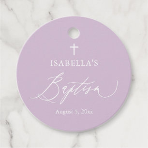 Dusty Purple Cross Girl Baptism Round Favor Tags