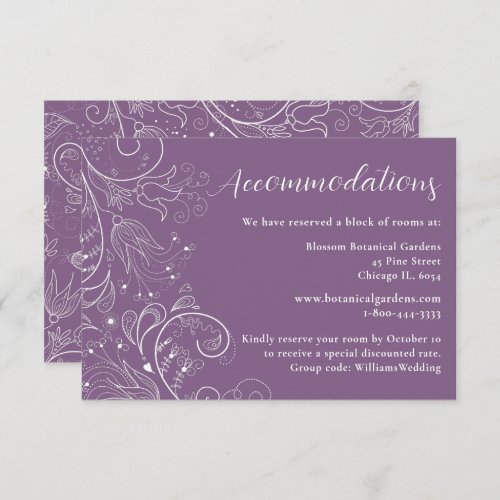 Dusty Purple Elegant Floral Wedding Accommodations Enclosure Card