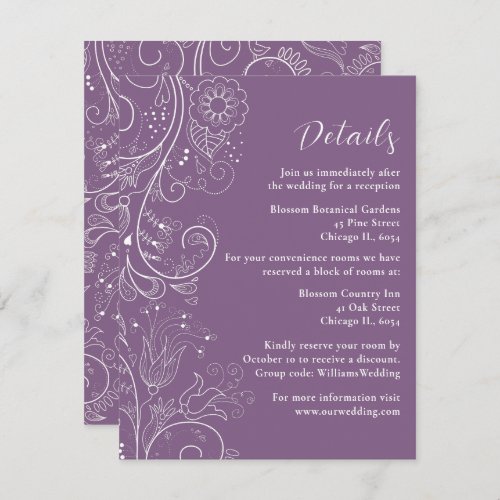 Dusty Purple Elegant Floral Wedding Details Enclosure Card
