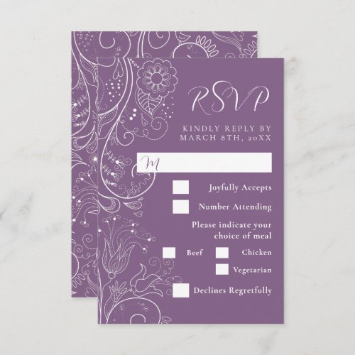 Dusty Purple Elegant Floral Wedding Meal Choice RSVP Card