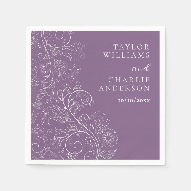 Dusty Purple Elegant Floral Wedding Napkins (Front)