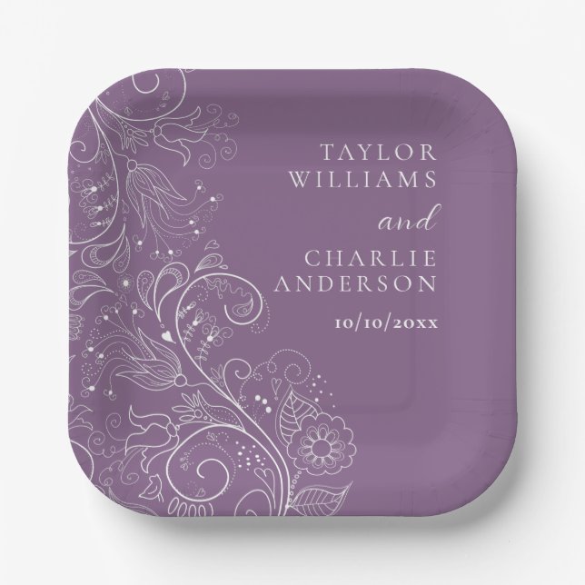 Dusty Purple Elegant Floral Wedding Paper Plates (Front)