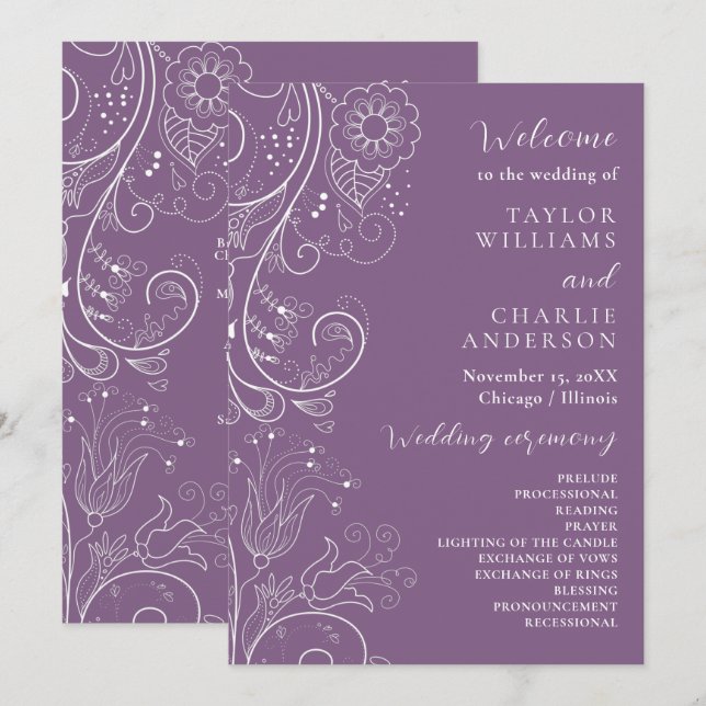 Dusty Purple Elegant Floral Wedding Program (Front/Back)
