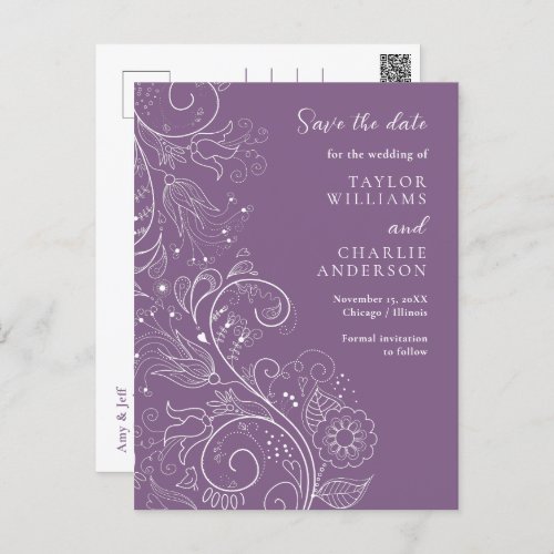 Dusty Purple Elegant Floral Wedding Save The Date Postcard