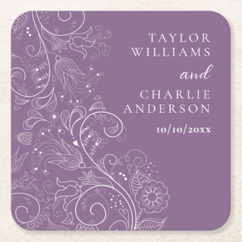 Dusty Purple Elegant Floral Wedding Square Paper Coaster