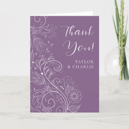 Dusty Purple Elegant Floral Wedding Thank You Card
