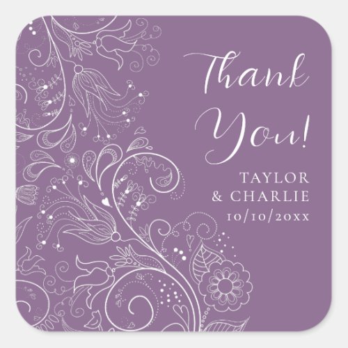Dusty Purple Elegant Floral Wedding Thank You Square Sticker