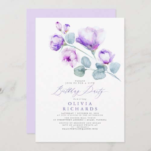 Dusty Purple Elegant Romantic Floral Birthday Invitation