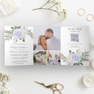 Dusty Purple Floral All in One QR Code Wedding Tri-Fold Invitation