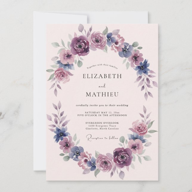 Dusty Purple Floral Arch Wedding Invitation (Front)