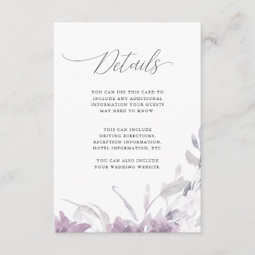 Dusty Purple Floral Calligraphy Wedding Details Enclosure Card