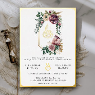 Dusty Purple Floral Crest Muslim Wedding Gold Foil Invitation