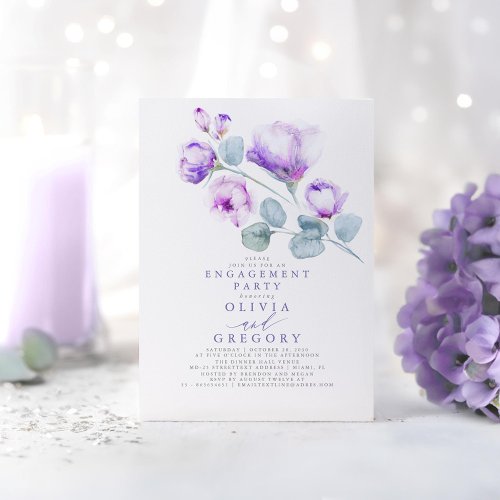 Dusty Purple Floral Elegant Engagement Party Invitation