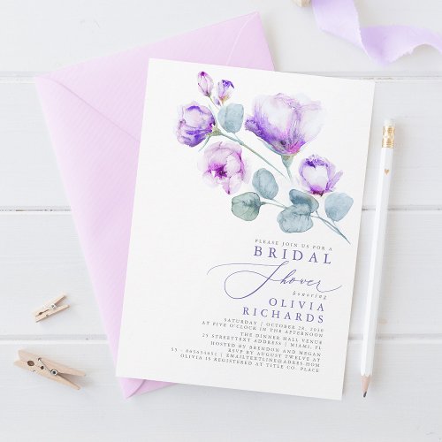 Dusty Purple Floral Elegant Minimal Bridal Shower Invitation