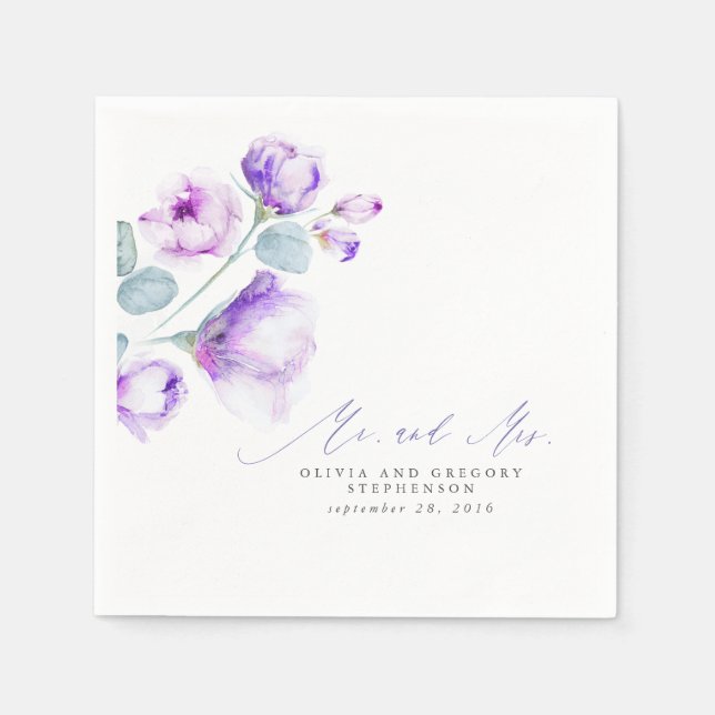 Dusty Purple Floral Elegant Mr and Mrs Wedding Napkins (Front)
