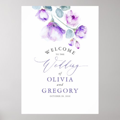 Dusty Purple Floral Elegant Wedding Welcome Sign