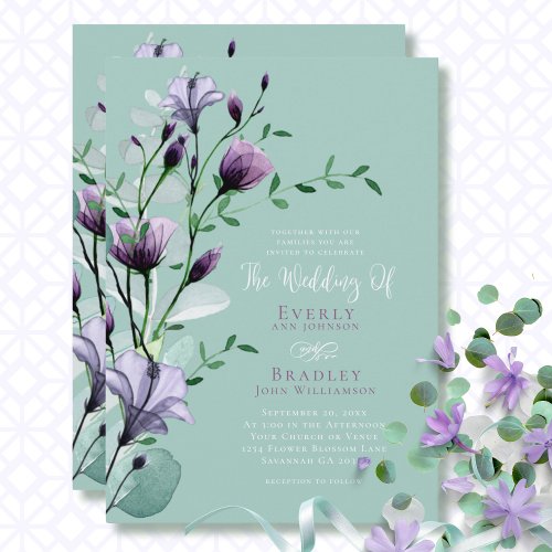 Dusty Purple Floral Eucalyptus Non Photo Wedding Invitation