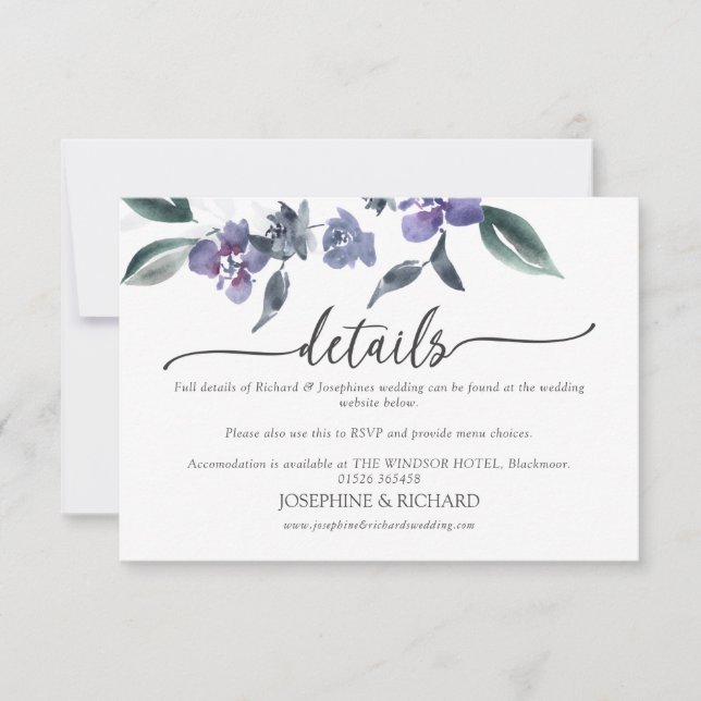 Dusty Purple Floral Garden Wedding Details Card (Front)
