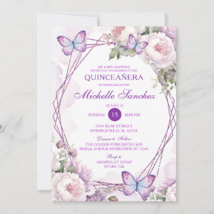 Dusty Purple Floral Girl Butterfly Quinceañera Invitation
