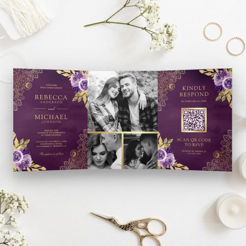 Dusty Purple Floral Gold Lace QR Code Wedding Tri_Fold Invitation