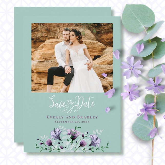 Dusty Purple Floral Green QR Code Save the Date Invitation (Creator Uploaded)