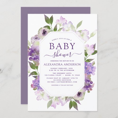 Dusty Purple Floral Greenery Baby Shower Invitation