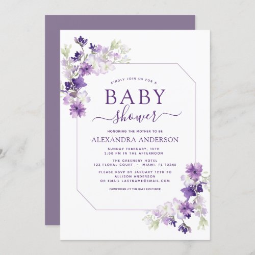 Dusty Purple Floral Greenery Baby Shower Invitation