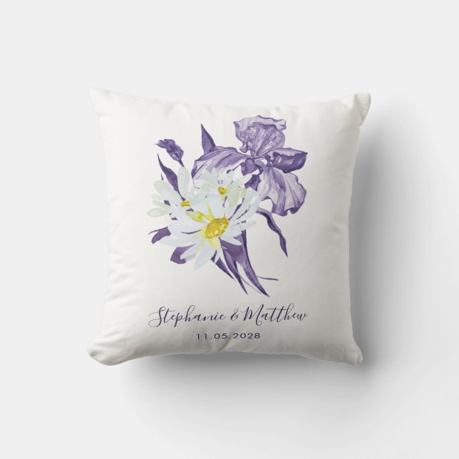 Dusty Purple Floral Iris White Daisy Wedding Throw Pillow (Front)