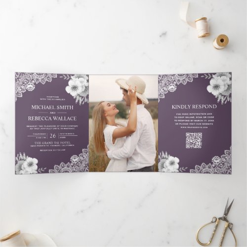 Dusty Purple Floral Lace Photo QR Code Wedding Tri-Fold Invitation