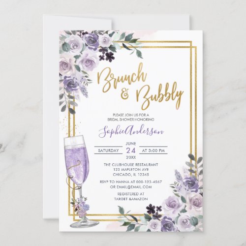 Dusty Purple Floral Lilac Flower Brunch And Bubbly Invitation