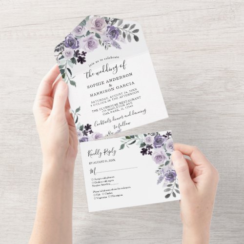 Dusty Purple Floral Lilac Flowers Rustic Wedding A All In One Invitation