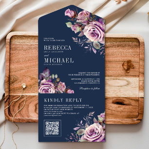 Dusty Purple Floral QR Code Navy Blue Wedding All In One Invitation